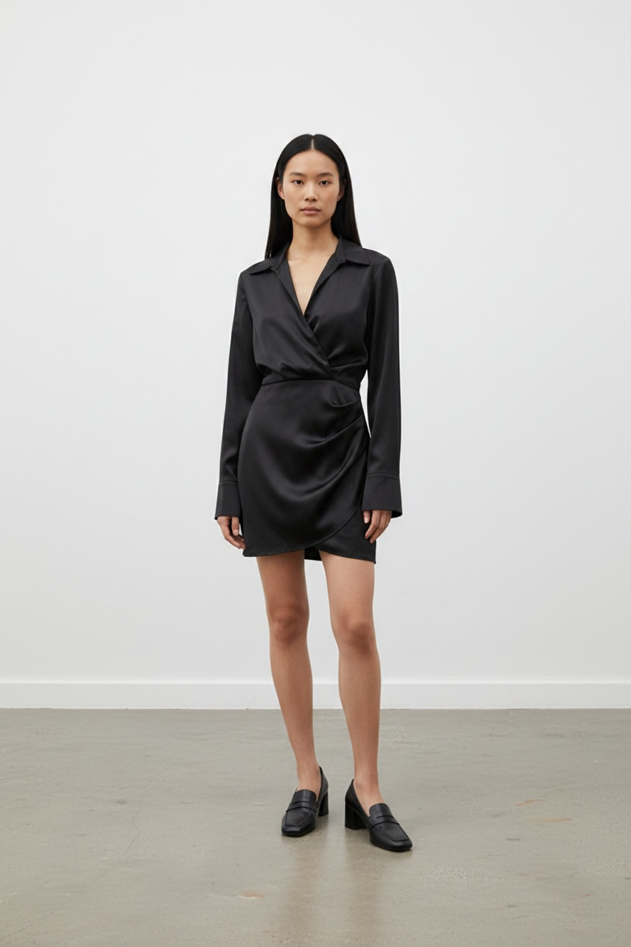 ZARA Black Satin Wrap Mini Dress Size S Long Sleeve Ruched Cocktail Party Dress